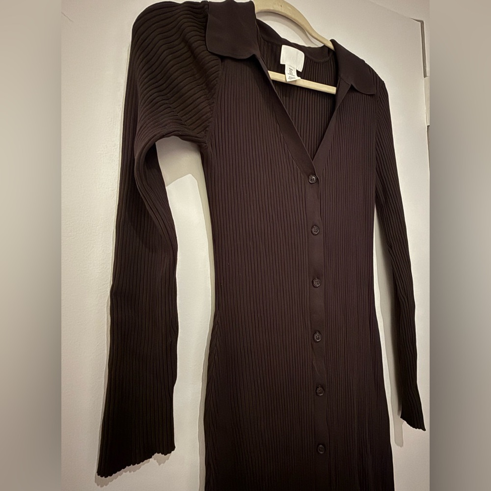 H&M Brown Ribbed Knit Button Front Dress, size M